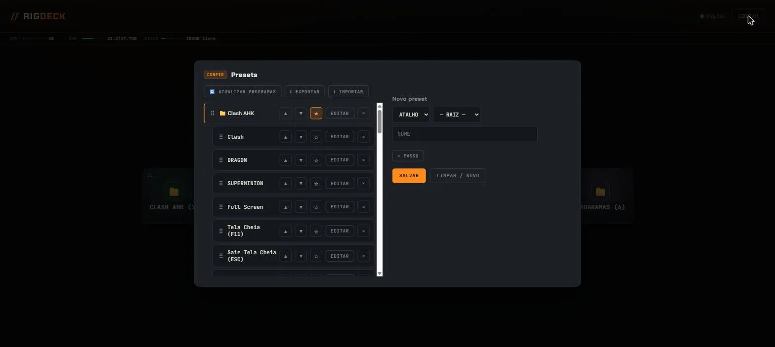 O editor de presets embutido, com exportar, importar e a lista de presets