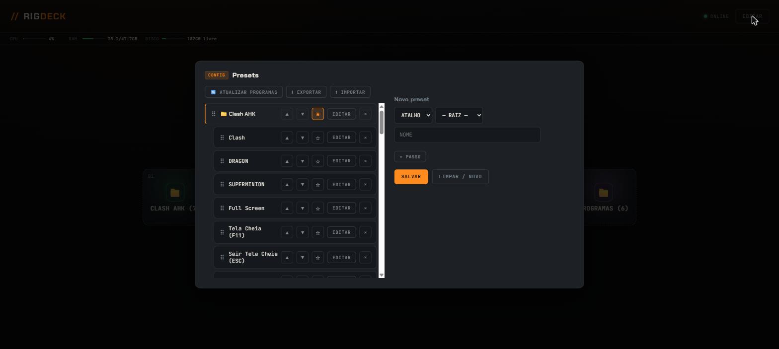 Editor de presets embutido no próprio app, mostrando a pasta Clash AHK com seus passos e o formulário de novo preset